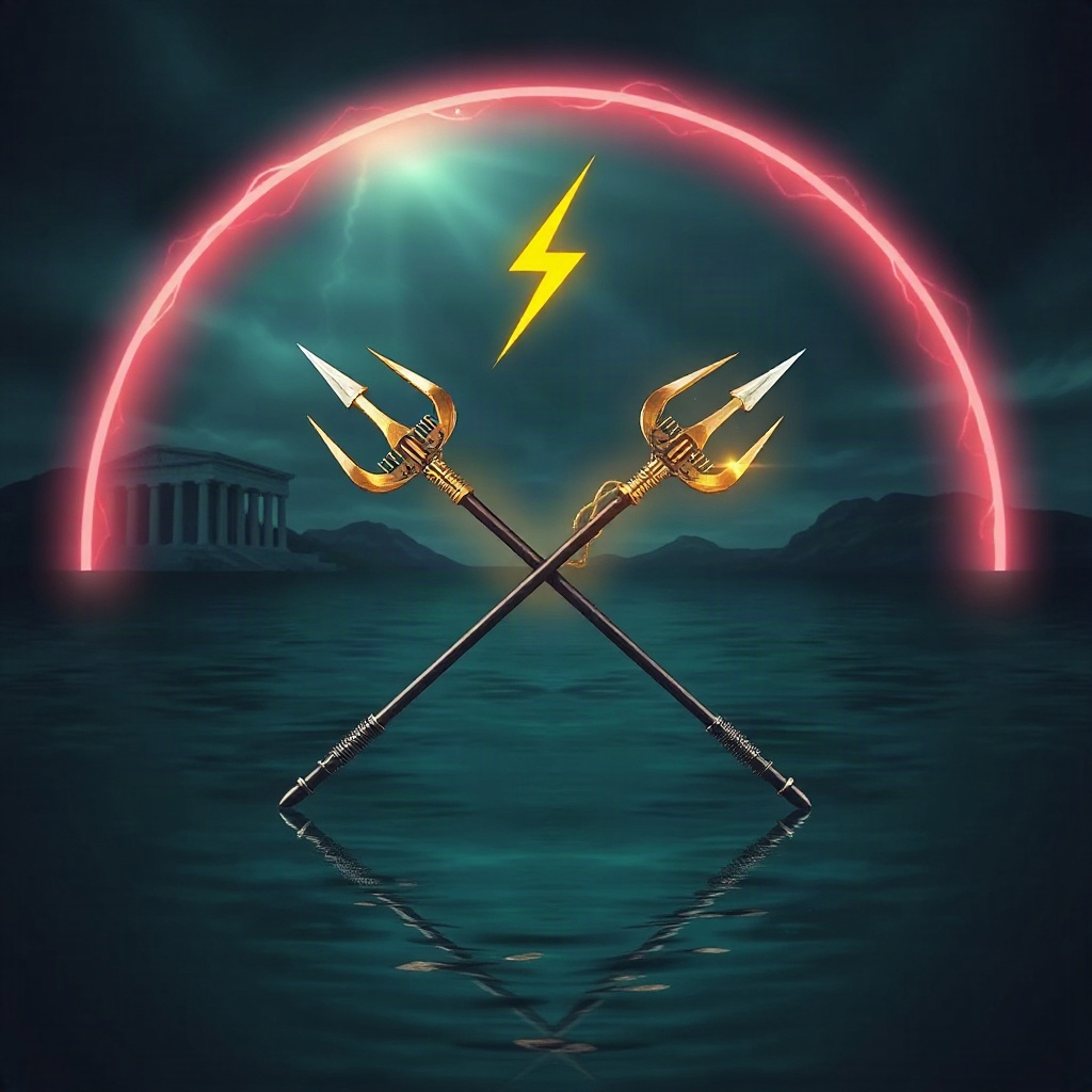 Mythic trident and thunderbolt over jade water