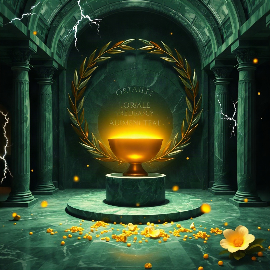 Oracle chamber with laurel wreath and glowing bowl
