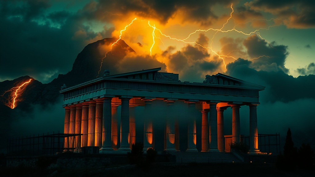 Mount Olympus at twilight with golden light over marble temples