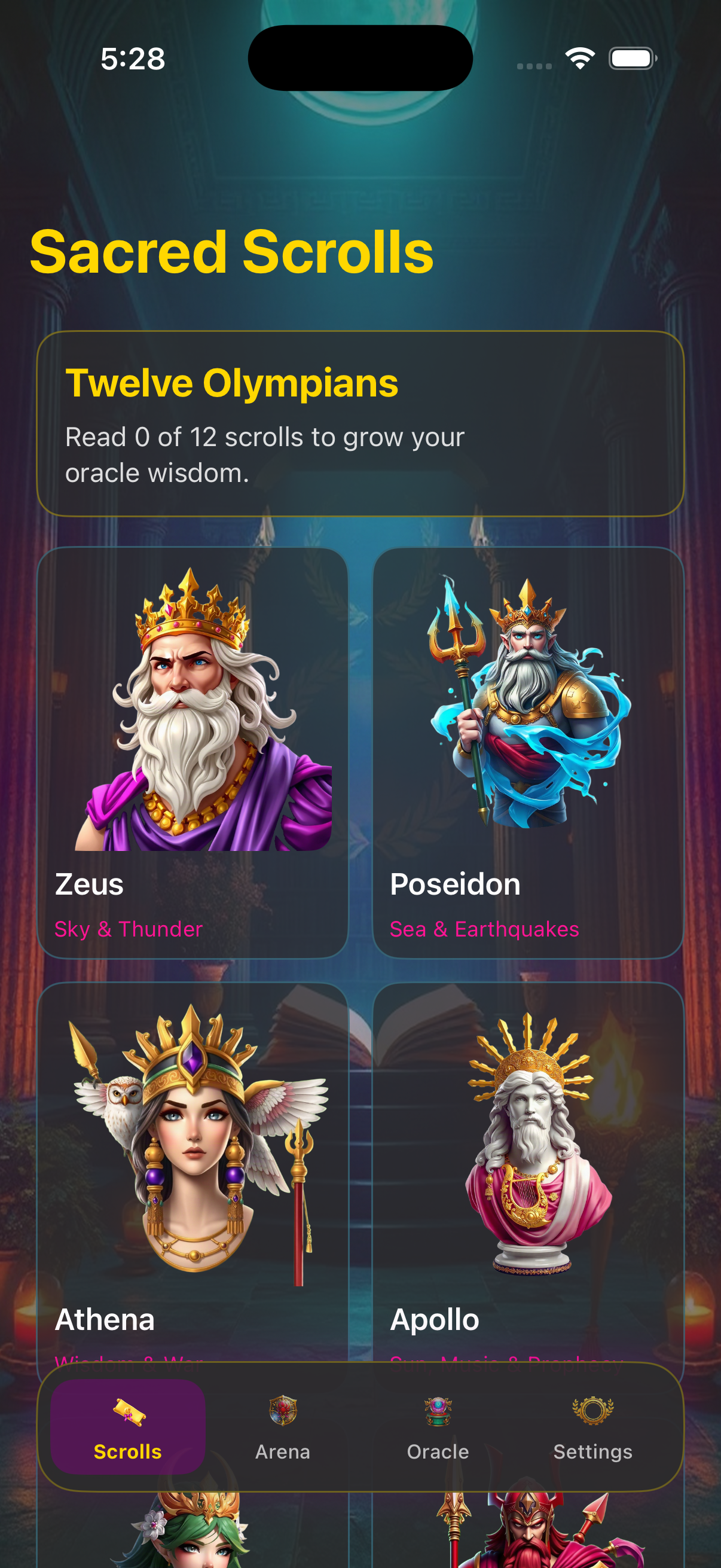 Scrolls library showing twelve god cards