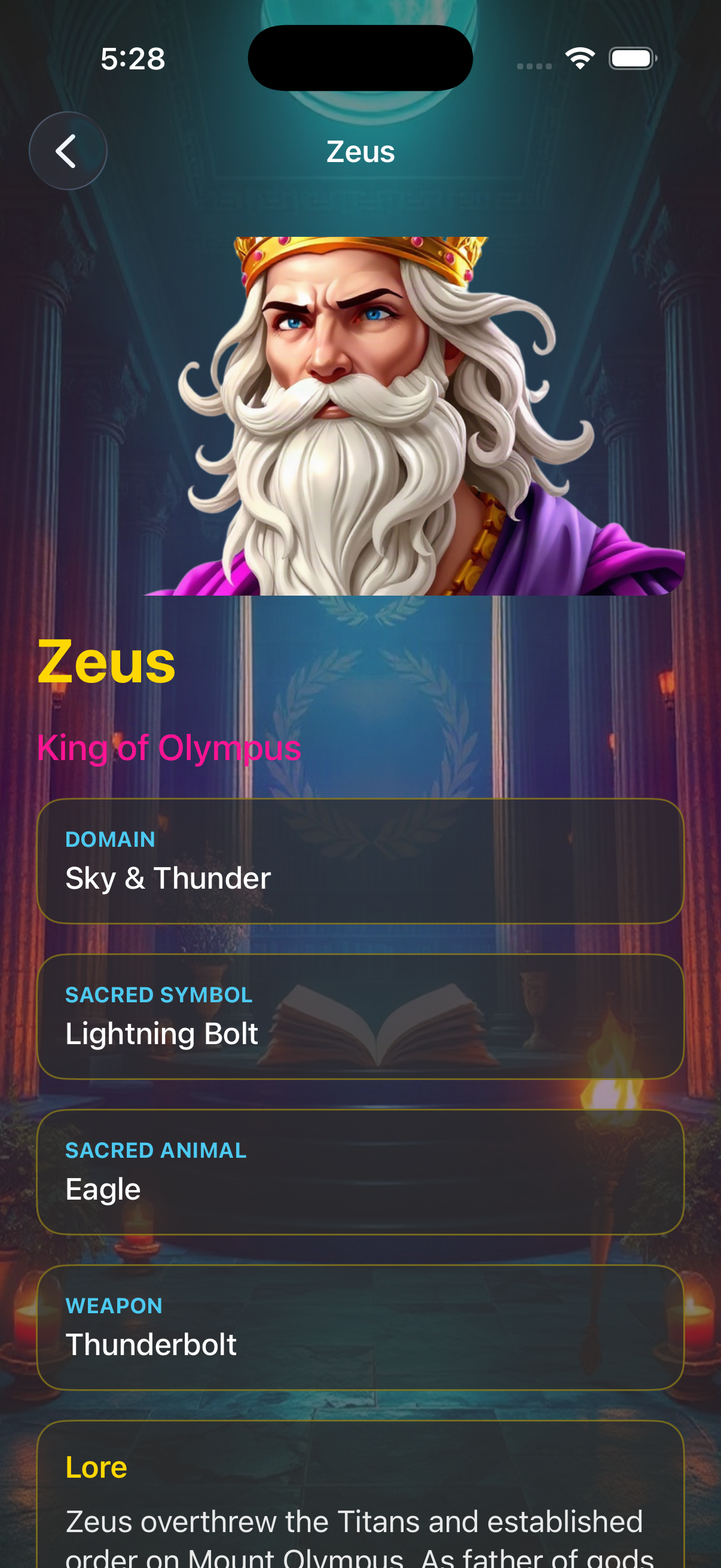 Zeus detail page with lore and symbols