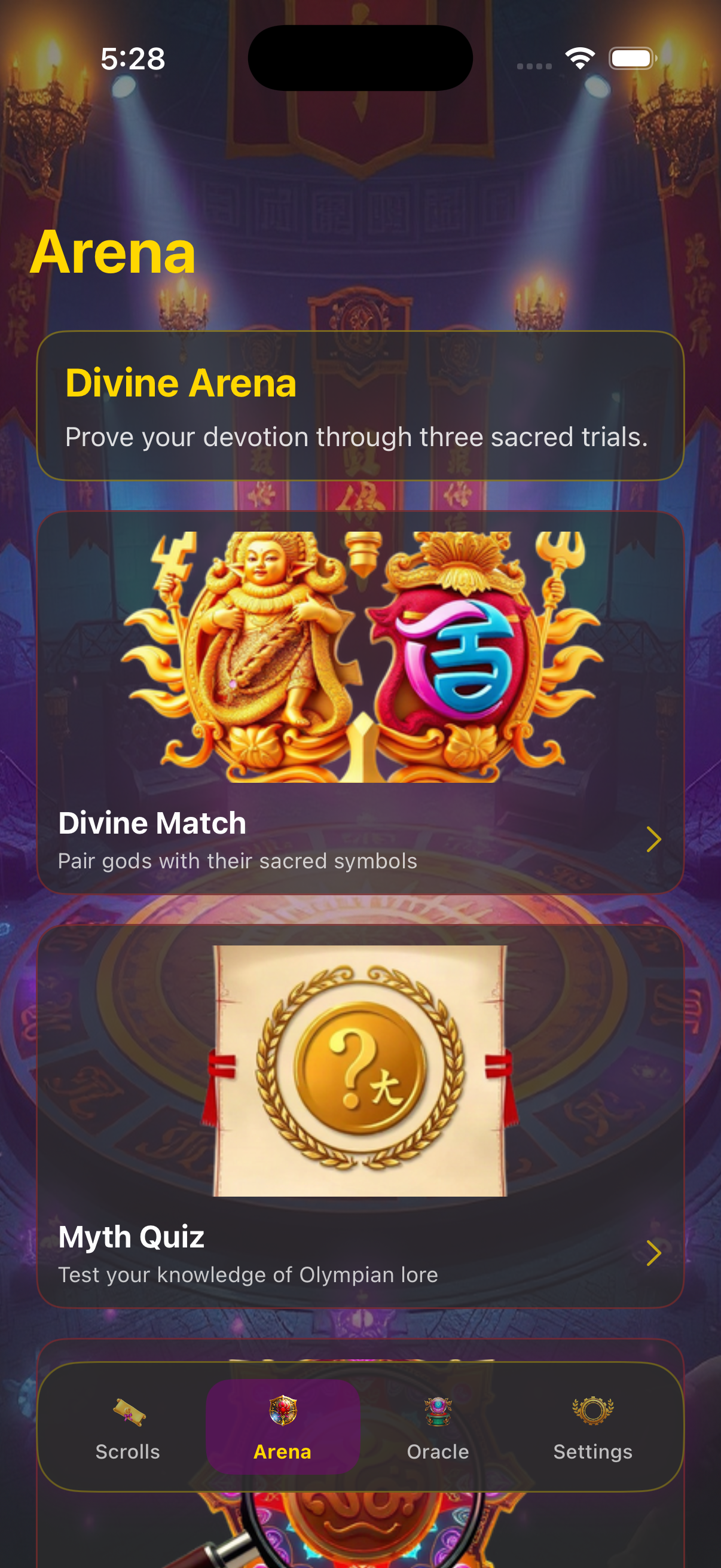 Arena hub with divine match, quiz, and symbol hunt
